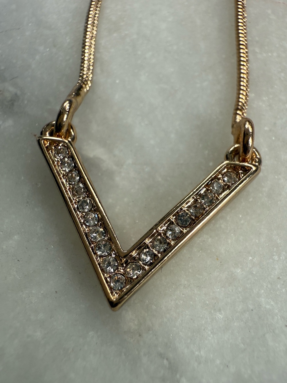 Gold Tone Geometric Chevron V-Shape Pavé Crystal Pendant Snake Chain Necklace